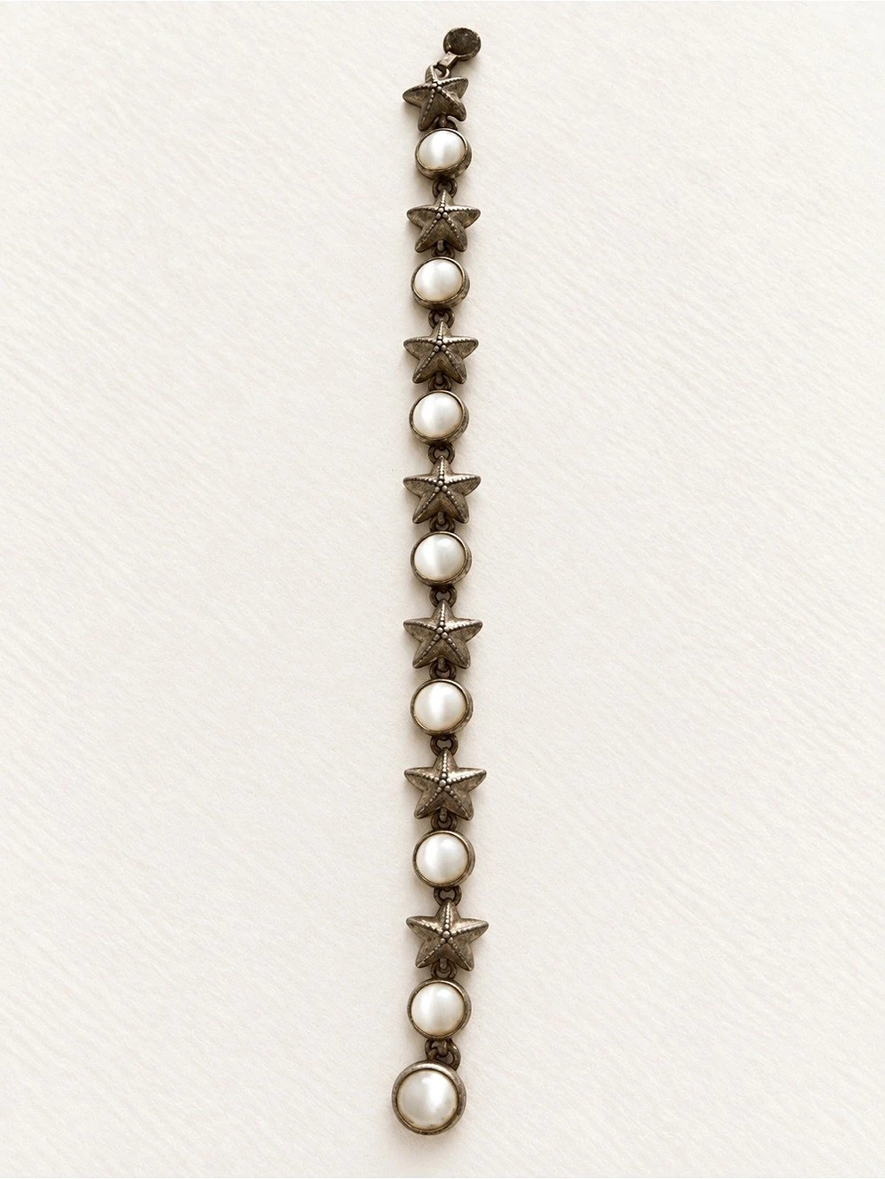 925 Sterling Silver Starfish Bracelet with White Cabochons, Coastal Design, 27g